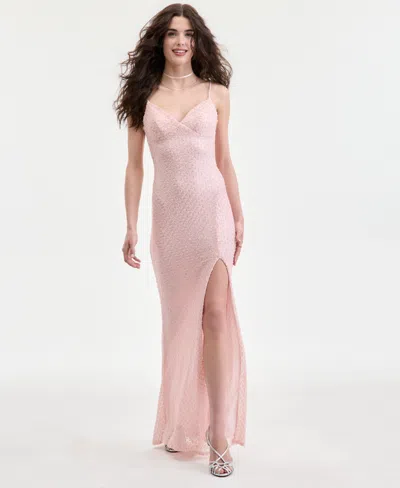 B Darlin Juniors' Beaded V-neck Lace-up-back Gown In Light Pink