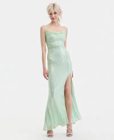 B Darlin Juniors' Beaded V-neck Lace-up-back Gown In Mint Green