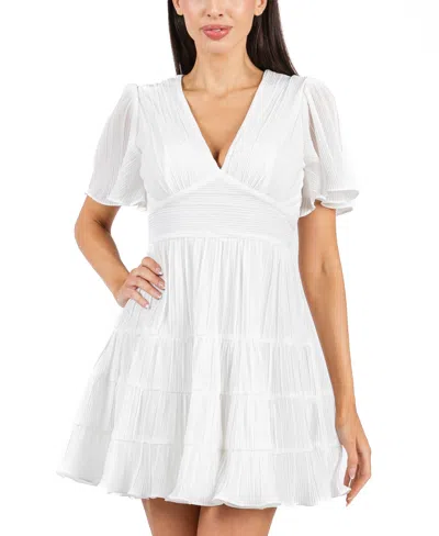 B Darlin Juniors' Bodre Ruffle-sleeve Tiered Mini Dress In White