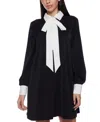 B Darlin Juniors' Contrast-trim Bow-neck A-line Dress In Black,white