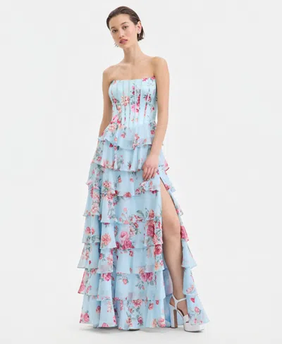 B Darlin Juniors' Corset-bodice Ruffled Gown In Blue