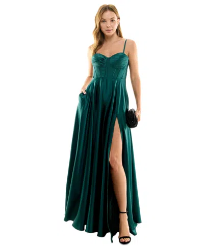 B Darlin Juniors' Corset High-slit Evening Gown In Hunter