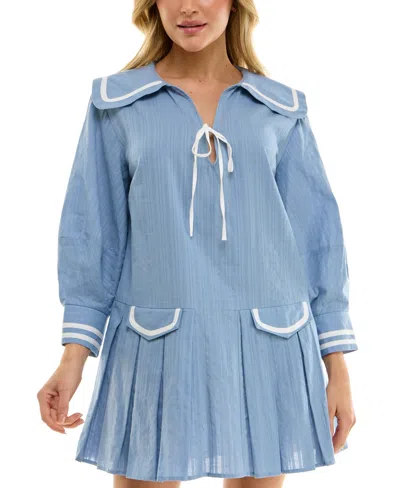 B Darlin Juniors' Cotton Contrast-trim Pleated Dress In Chambray Ivory