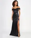 B Darlin Juniors' Cowl-neck High-slit Boned-bodice Gown In Black