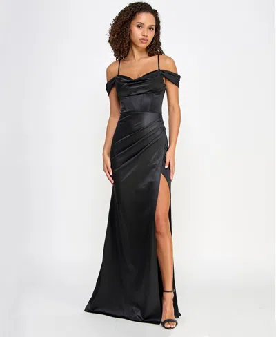 B Darlin Juniors' Cowl-neck High-slit Boned-bodice Gown In Black