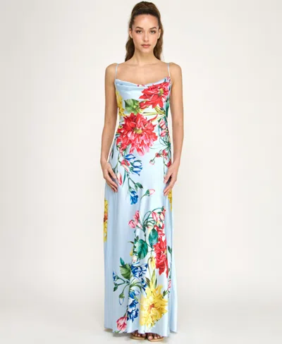 B Darlin Juniors' Cowl Neck Printed Spaghetti Straps Satin Gown In Blue