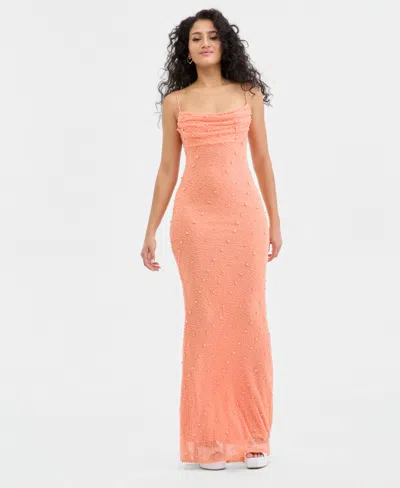 B Darlin Juniors' Cowl-neck Beaded Sleeveless Gown In Tangerine