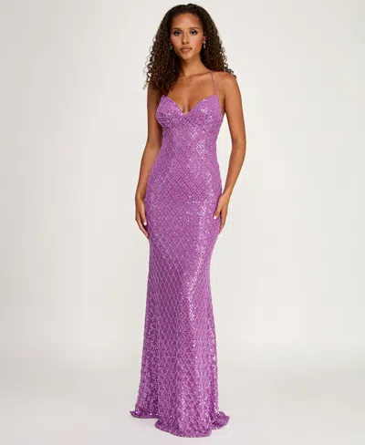 B Darlin Juniors' Criss Cross Patterned Sweetheart Gown In Purple