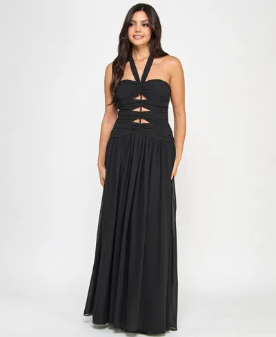 B Darlin Juniors' Cutout Gathered Sleeveless Halter Gown, Created For Macy's In Black