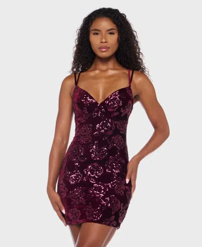 B Darlin Juniors' Double Spaghetti Strap Sweetheart Neck Short Dress In Burgundy