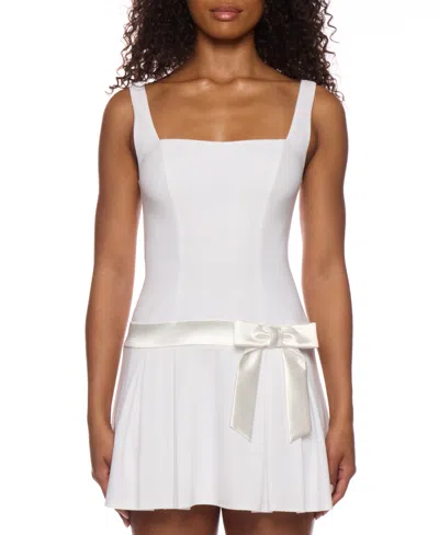 B Darlin Juniors' Drop-waist Square-neck Bow-trim Dress In White