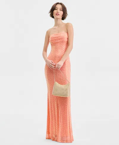 B Darlin Juniors' Embellished Straight-neck Strapless Gown In Tangerine