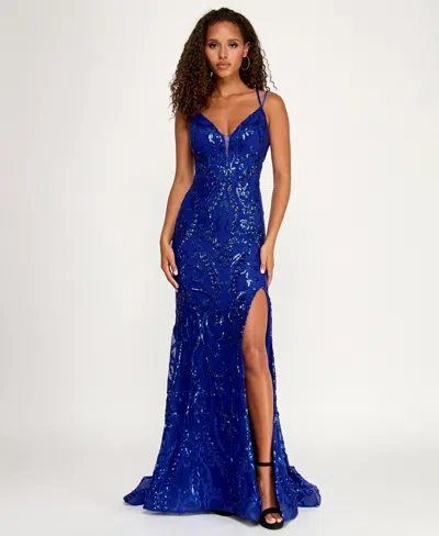 B Darlin Juniors' Embellished Sweetheart Gown In Blue