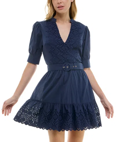 B Darlin Juniors' Embroidered Belted Puff-sleeve Dress In Navy
