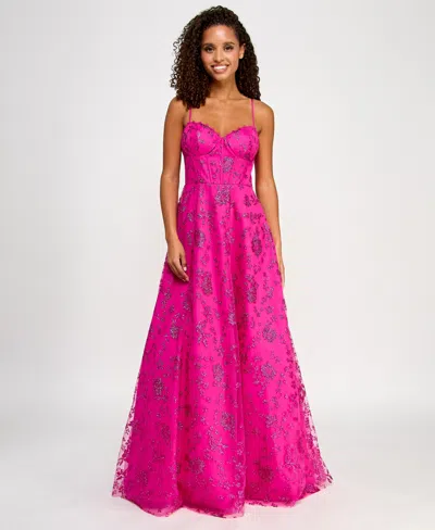 B Darlin Juniors' Floral Glitter Sweetheart Sleeveless Gown In Fuchsia
