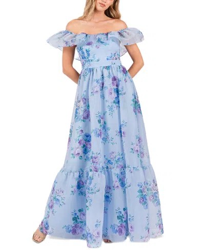 B Darlin Juniors' Floral Off-the-shoulder Ruffle Gown In Blue,purple
