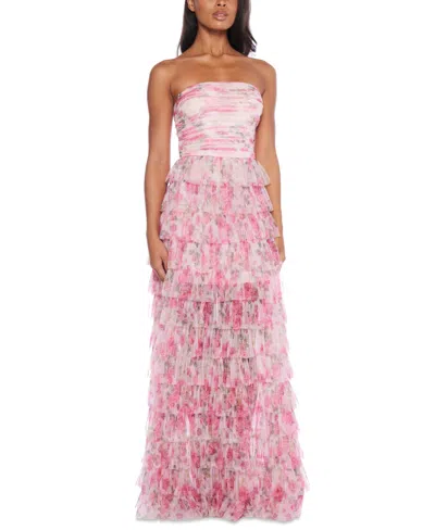 B Darlin Juniors' Floral Print Ruffled Strapless Gown In Light Pink Garden