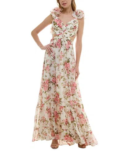 B Darlin Juniors' Floral-print Strappy-back Ruffled Gown In Lt Beige