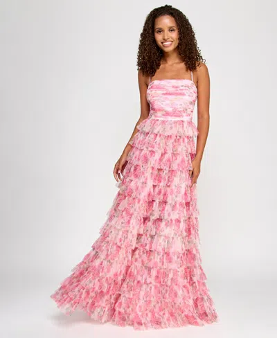 B Darlin Juniors' Floral Ruffle-tiered Straight-neck Gown, Created For Macy's In Light Pink,pink,green