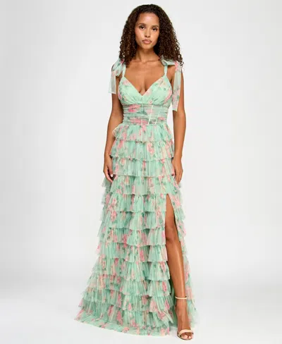 B Darlin Juniors' Floral Ruffle-tiered Tie-shoulder Gown In Sage,pink