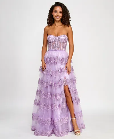 B Darlin Juniors' Floral Sequin Embellished Ruffled Strapless Gown, Created For Macy's In Lilac