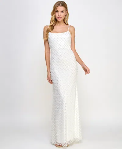 B Darlin Juniors' Glitter And Faux-pearls Open-back Gown In Off White