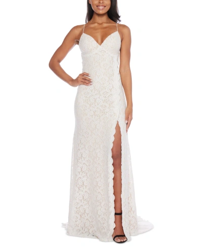 B Darlin Juniors' Glitter Lace Open-back Sleeveless Gown In Off White,silver