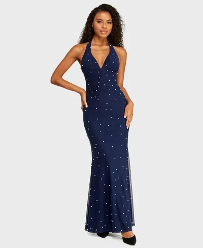 B Darlin Juniors' Halter Mesh With Pearls Gown With Ruched Bodice In Blue
