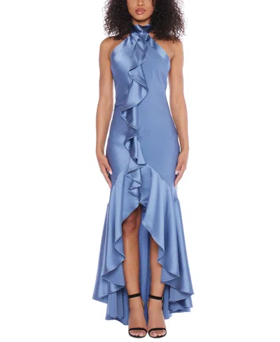 B Darlin Juniors' Halter-neck Ruffle High-low Gown In Chambray