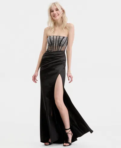 B Darlin Juniors' Illusion-bodice High-slit Gown In Black