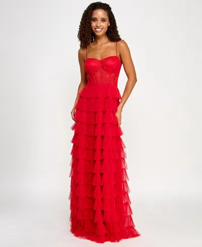 B Darlin Juniors' Lace Ruffled Sweetheart Sleeveless Gown, Created For Macy's In Red
