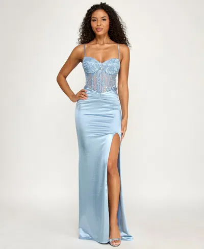 B Darlin Juniors' Lace-bodice Sweetheart Neck Gown In Blue