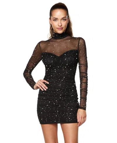 B Darlin Juniors' Mock Neck Long-sleeve Pearl And Stone Embellishments Mini Dress In Black,pearl,ab