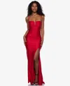B Darlin Juniors' Notch-neck Ruched Slit-front Gown
