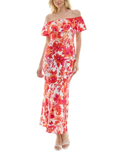 B Darlin Juniors' Off-the-shoulder Printed Satin Gown In Ofw,org,rd