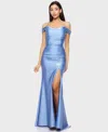 B Darlin Juniors' Off-the-shoulder Slit-front Ruched Gown