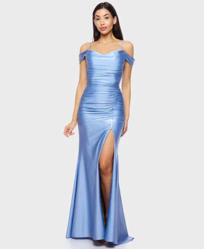 B Darlin Juniors' Off-the-shoulder Slit-front Ruched Gown