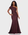 B Darlin Juniors' One-shoulder Draped Floor-sweeping Gown In Brown