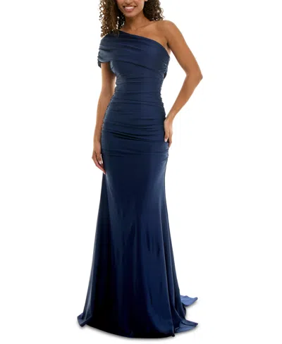B Darlin Juniors' One-shoulder Draped Floor-sweeping Gown In Navy