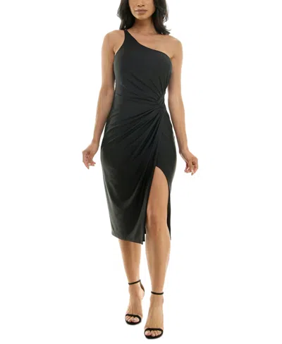 B Darlin Juniors' One-shoulder Side-ruched Side-slit Dress In Black