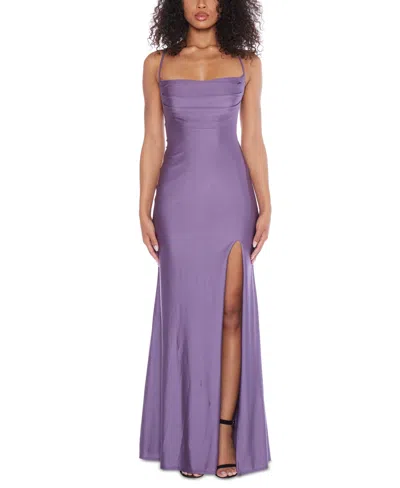 B Darlin Juniors' Pleated Lace-up-back Gown In Dk Mauve