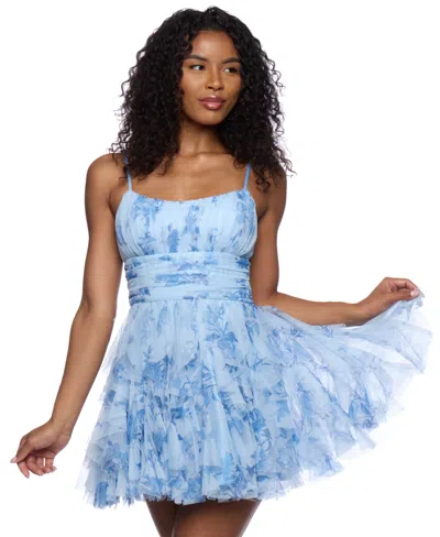 B Darlin Juniors' Printed Ruffle-trim Scoop-neck Mini Dress