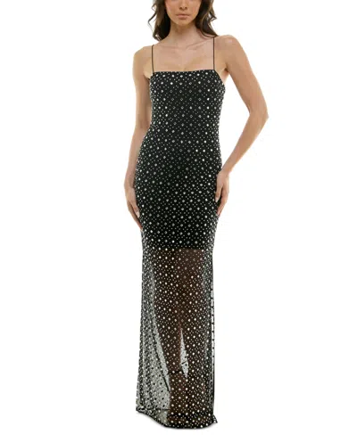 B Darlin Juniors' Rhinestone-embellished Mesh Evening Gown In Blk,cry