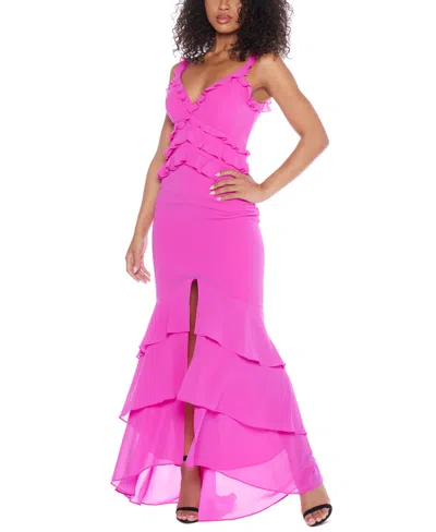 B Darlin Juniors' Ruffle V-neck Front-slit Gown In Magenkiss