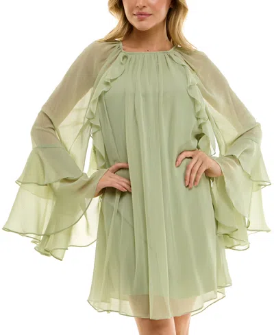 B Darlin Juniors' Ruffled Chiffon Long-sleeve Dress In Sage