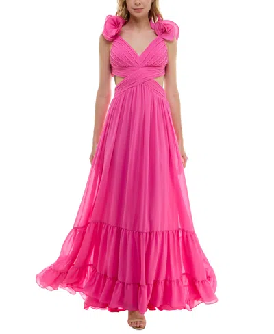 B Darlin Juniors' Ruffled Lace-up-back Gown In Med Pink