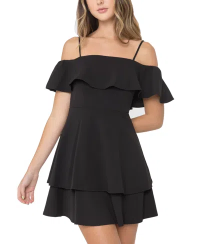 B Darlin Juniors' Ruffled Off-the-shoulder Dress In Black