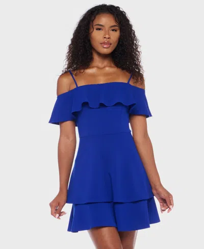 B Darlin Juniors' Ruffled Off-the-shoulder Dress In Blue