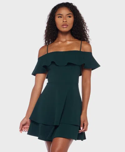 B Darlin Juniors' Ruffled Off-the-shoulder Dress In Green
