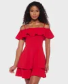 B Darlin Juniors' Ruffled Off-the-shoulder Dress In Red